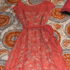 Beautiful coral lace with nude underlay dress